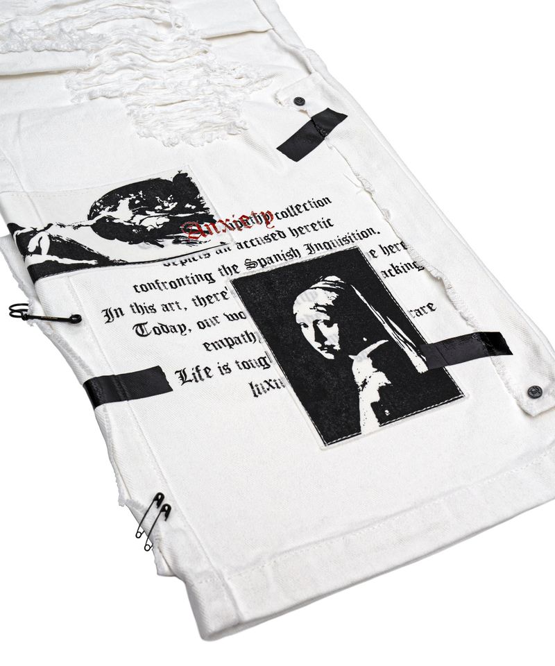 BBD Anxiety Art Patch Distressed Cotton Pants (White)