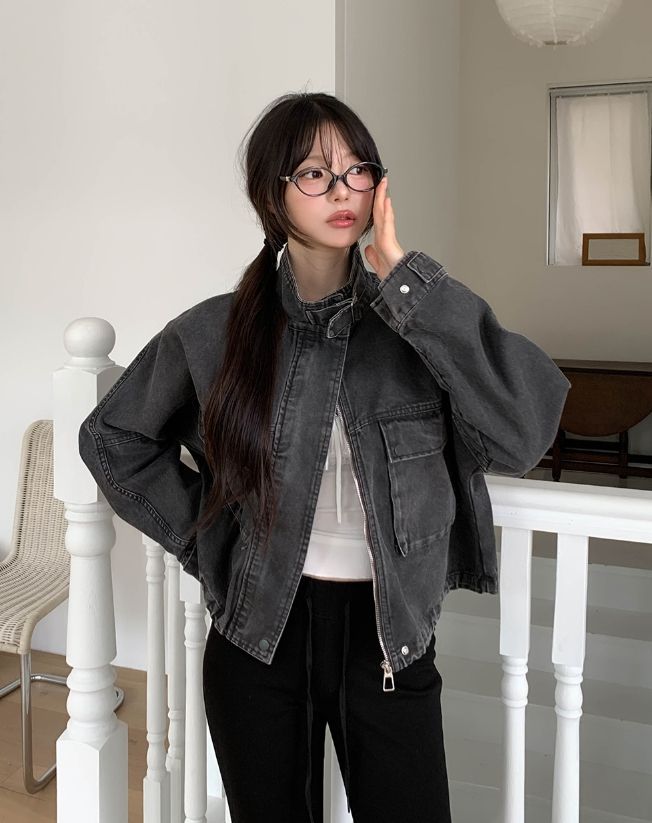 Maden Big Pocket Washed Cropped Denim Jacket