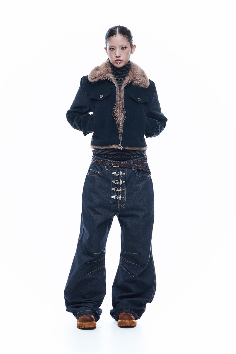 Fur Collar Corduroy Crop Jacket - Navy