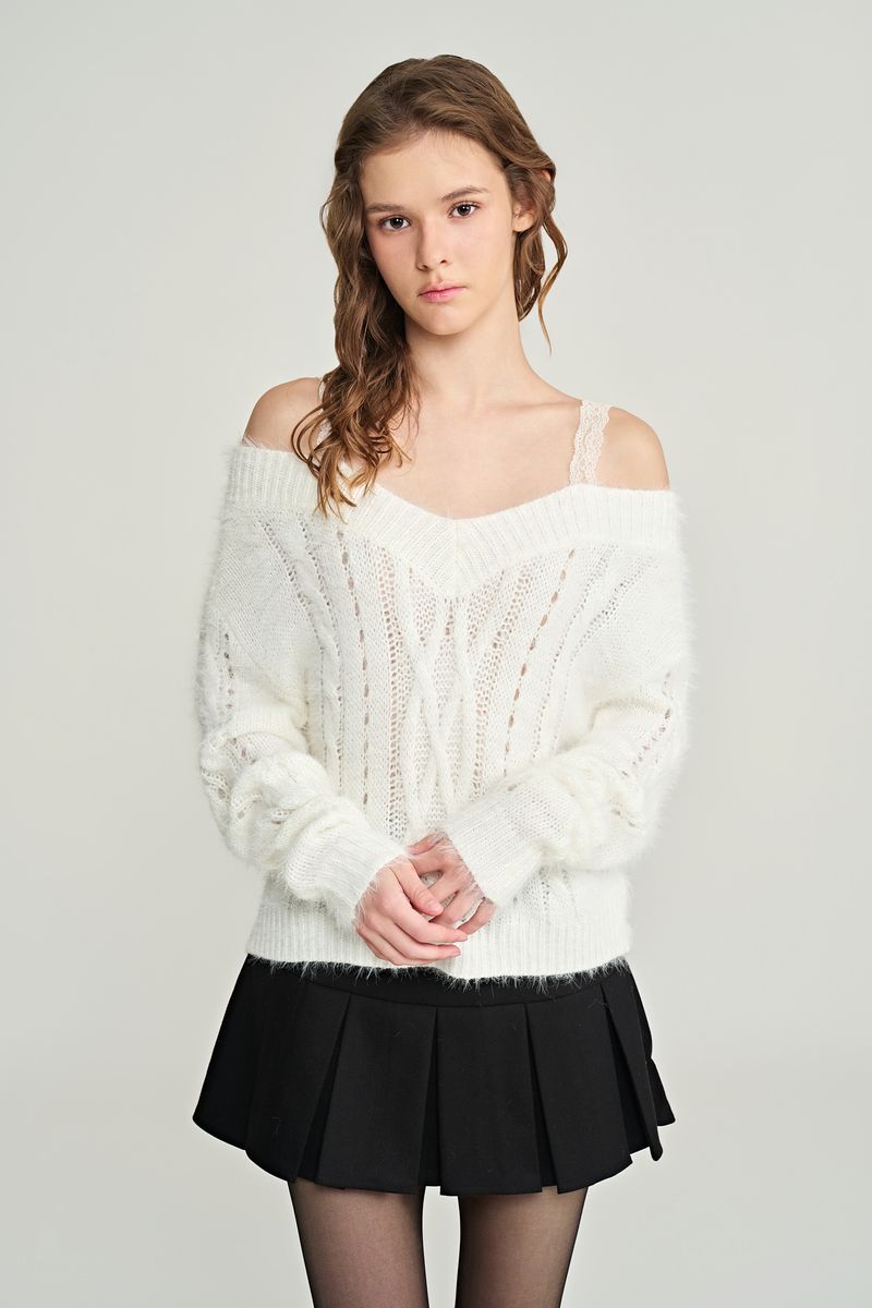 Rose milk fluffy lace knit, Ivory