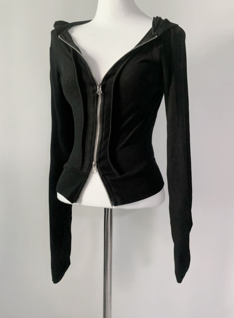 Solu Soft Shirring Hood Zip-up (Black)