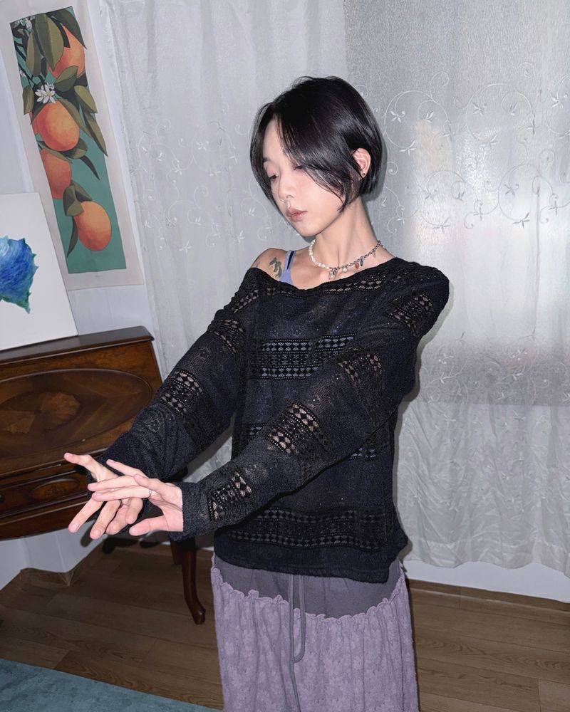 (2color) Flower Mix Lace Sheer Knit