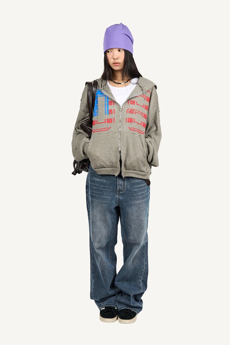 Vintage Graphic Waffle Hood Zip-Up