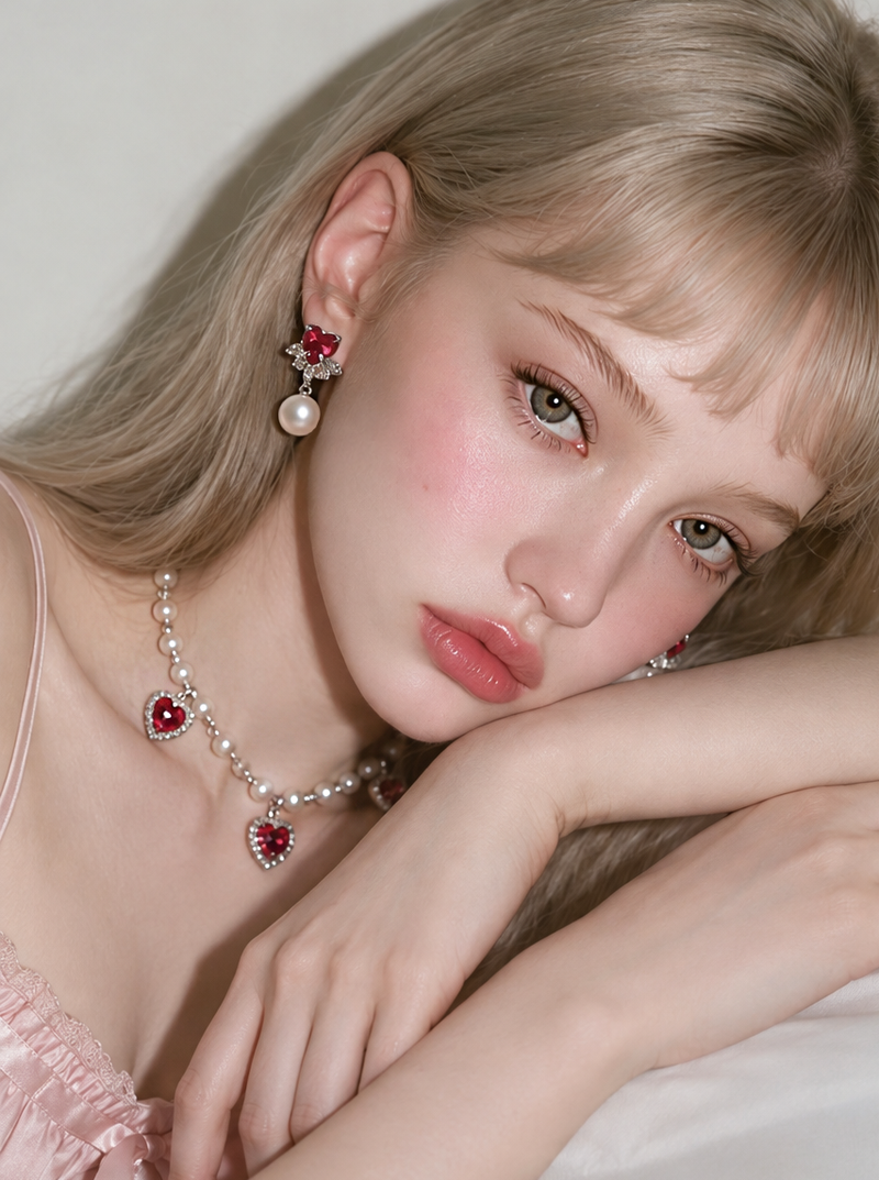 [IU Piercing] Heart Crystal and Pearl Piercing - Rosepink
