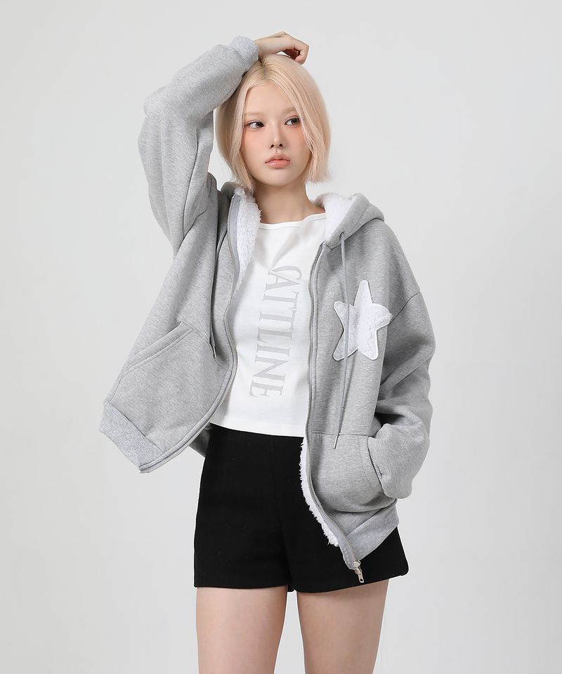 (기모) Patch Two-way Hood Zip-up