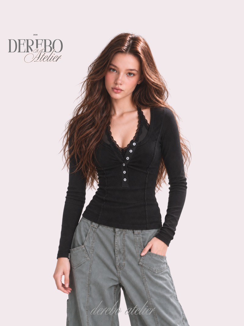 Black halter neck lace button long sleeve tee