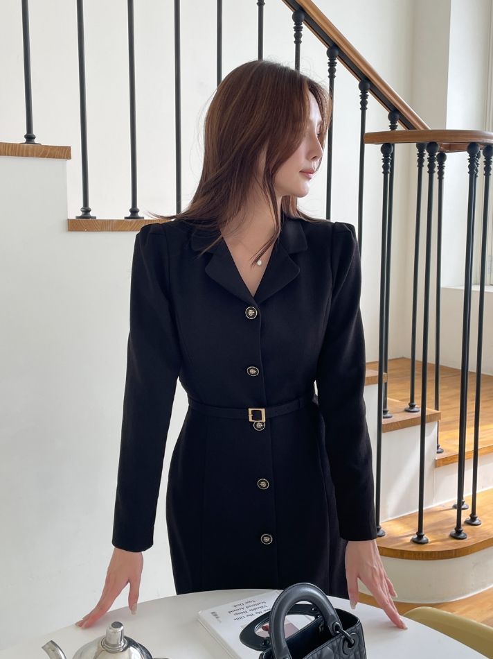 26FW★ ロイセル カラー ボタン Hライン ロング ワンピース (Belt Set)