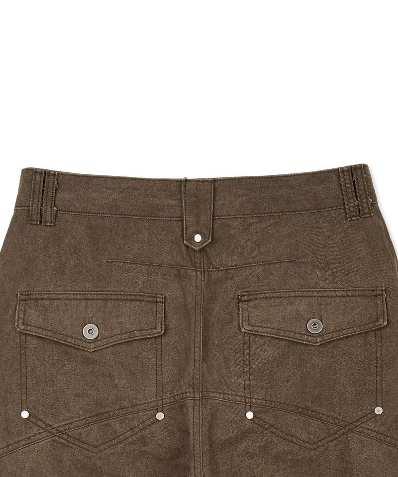 Washed Curved Cotton Pants - Brown