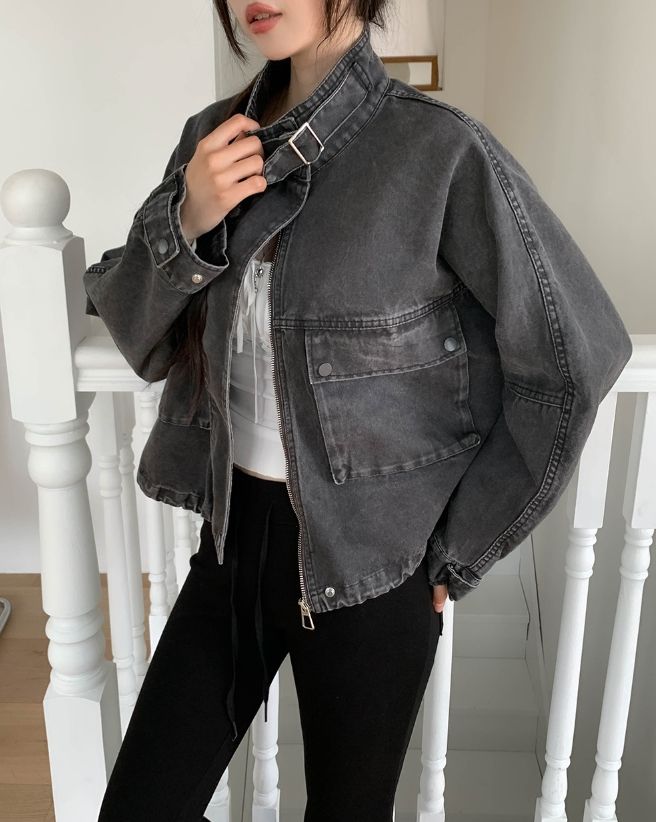 Maden Big Pocket Washed Cropped Denim Jacket