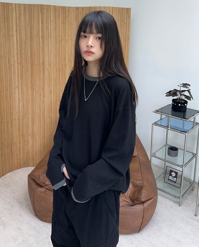 レープ ワッフル フィンガーホール ロングスリーブ