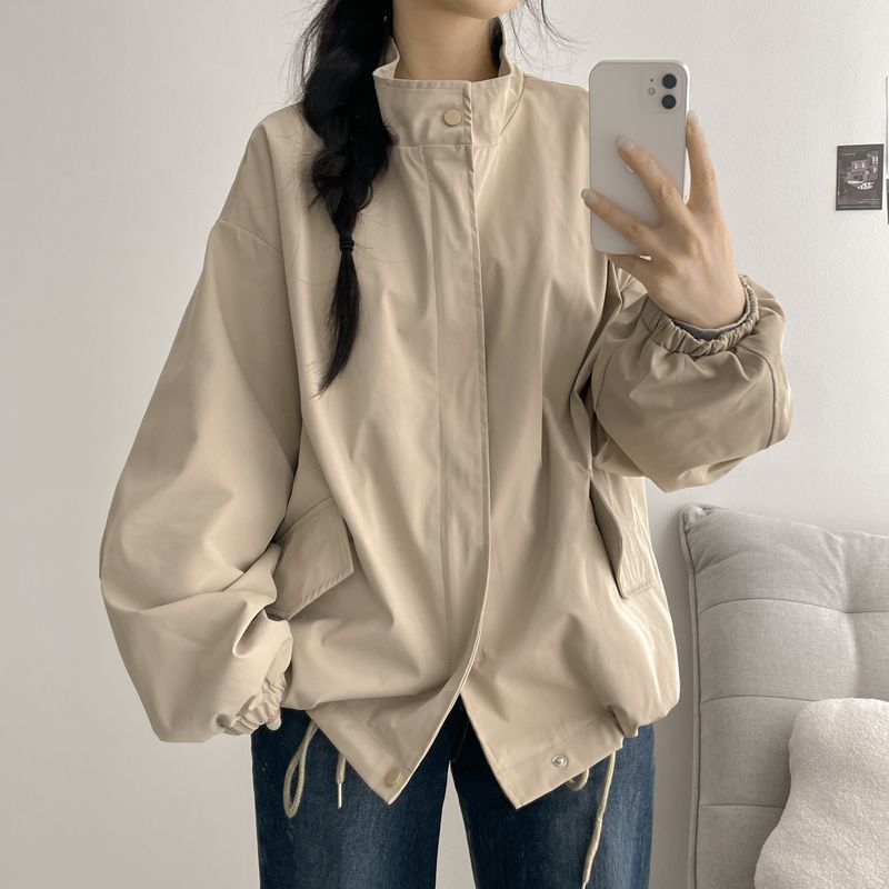 Ryeing High-Neck String Balloon-Sleeve Field Jacket (3 colors)
