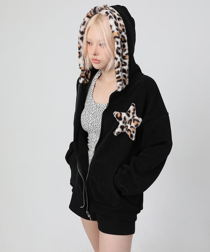 (기모) Leopard Patch Two-way Hood Zip-up