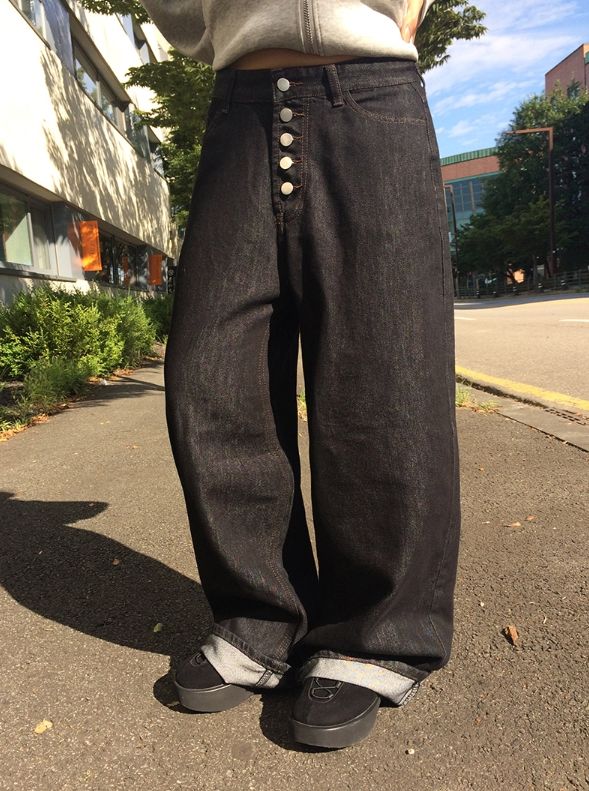 ロラン デニム ボタン ワイド ロング パンツ