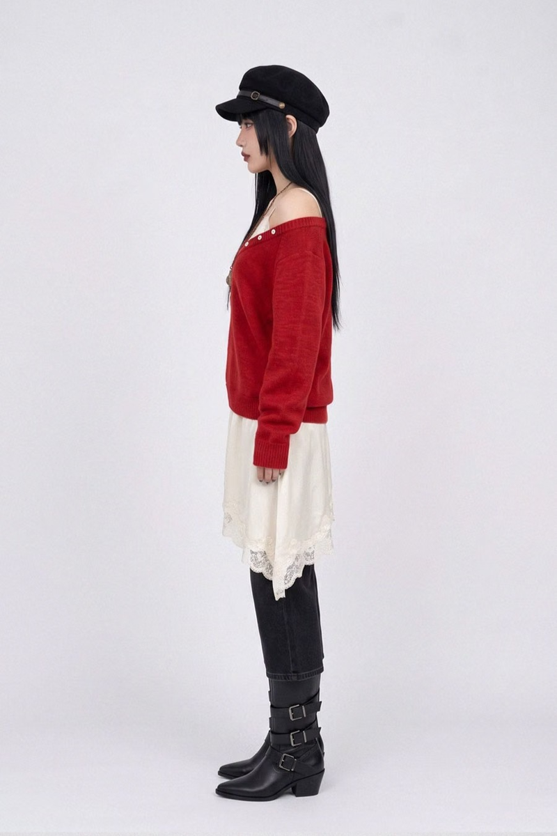 BUTTON-ACCENTED V-NECK KNIT (RED)