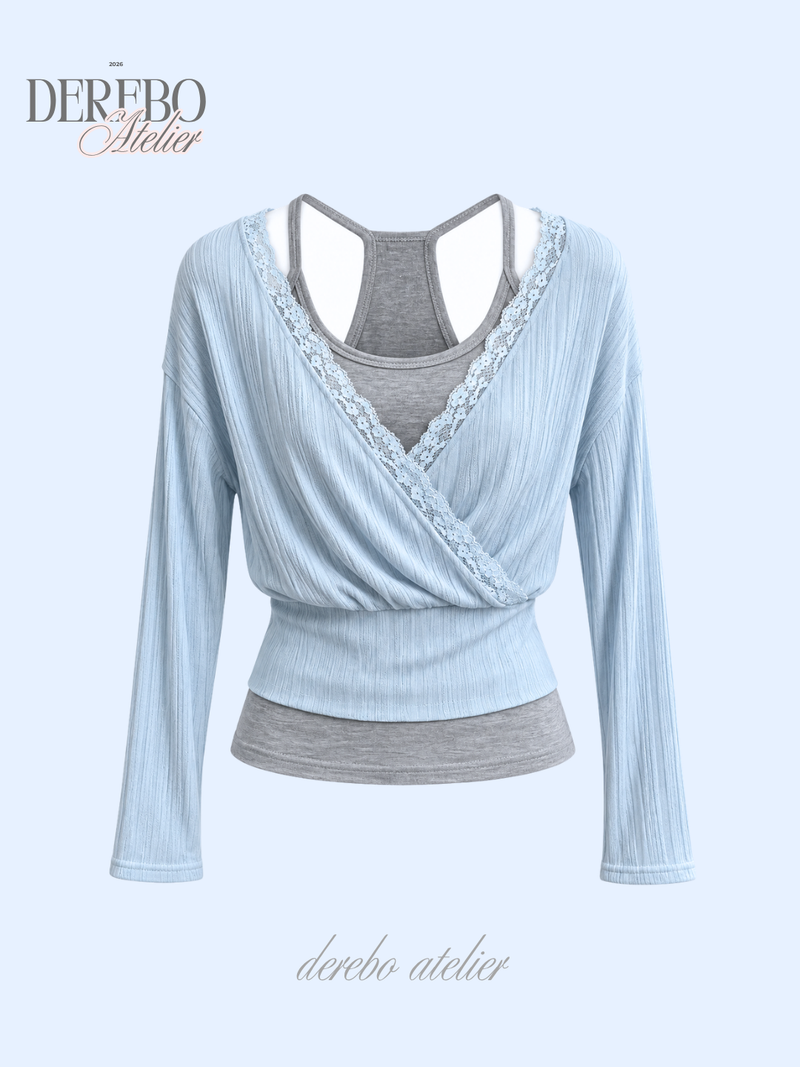 Gray Sky Wrap Layered Long Sleeve Top