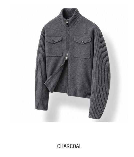 Horin Pocket Semi-Crop Knit Zip-Up