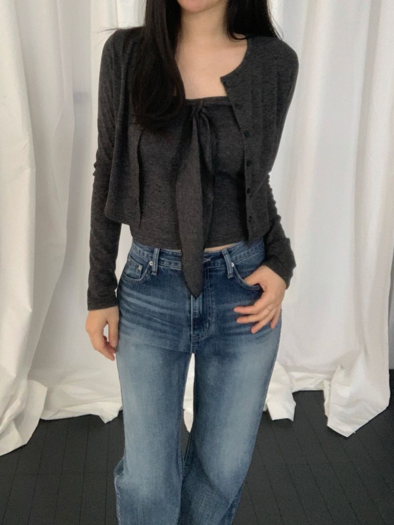[set] Cervi ribbon sleeveless cardigan set