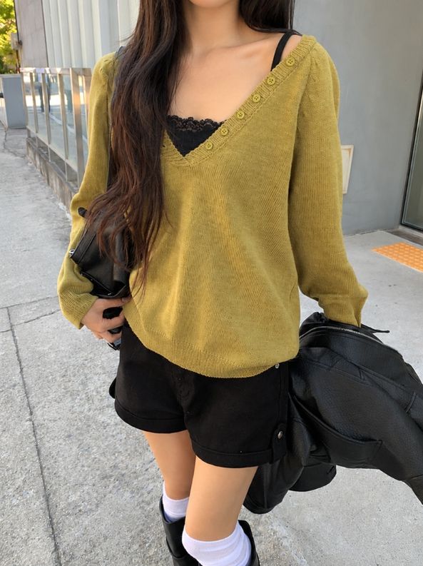 Nubi Deep V-Neck Loose Fit Layered Button Knit