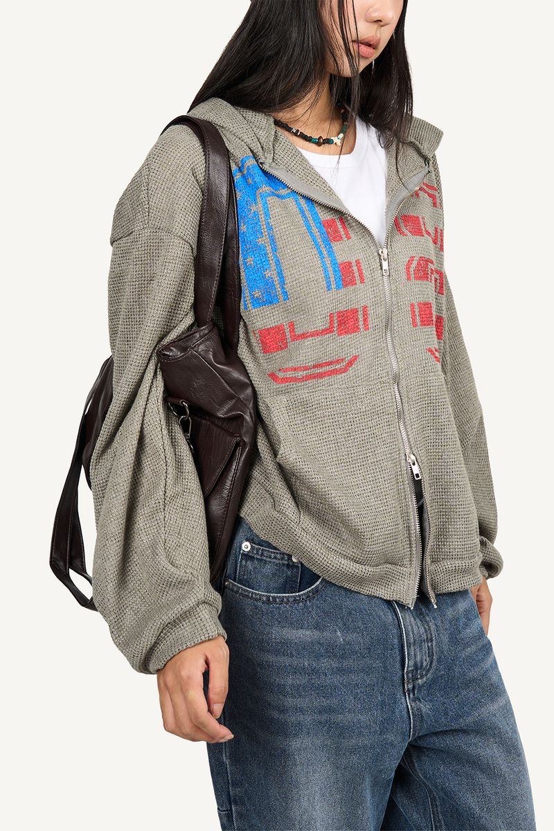 Vintage Graphic Waffle Hood Zip-Up