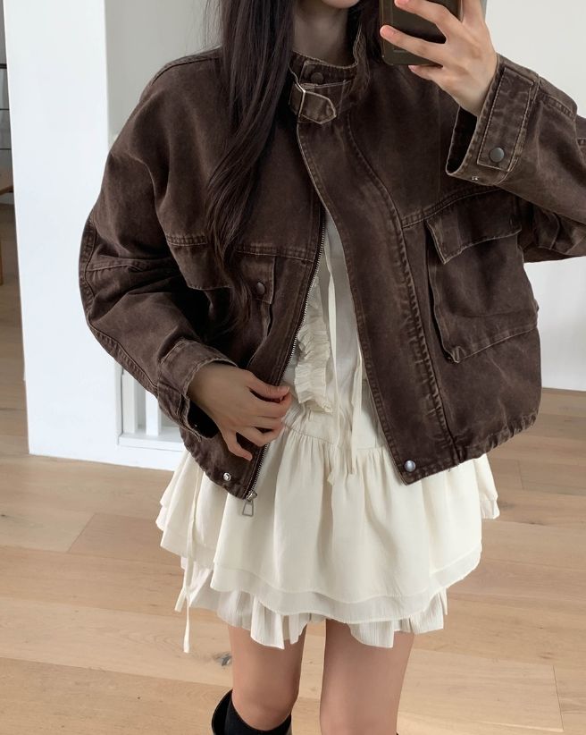 Maden Big Pocket Washed Cropped Denim Jacket