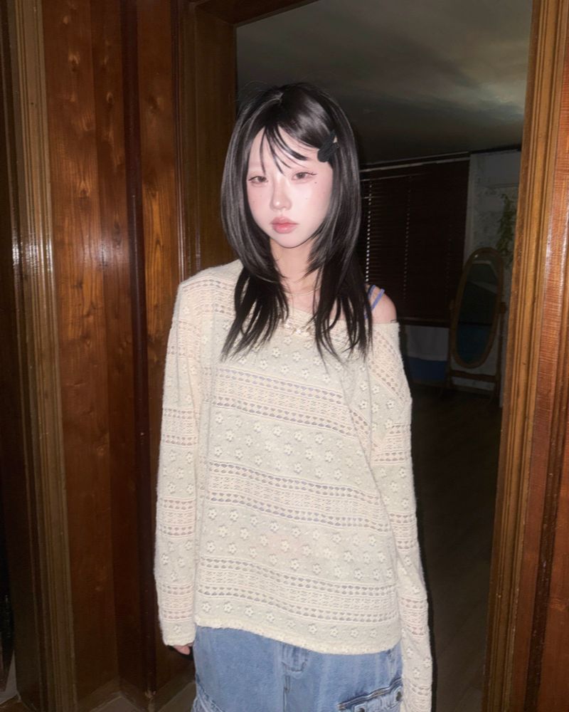 (2color) Flower Mix Lace Sheer Knit