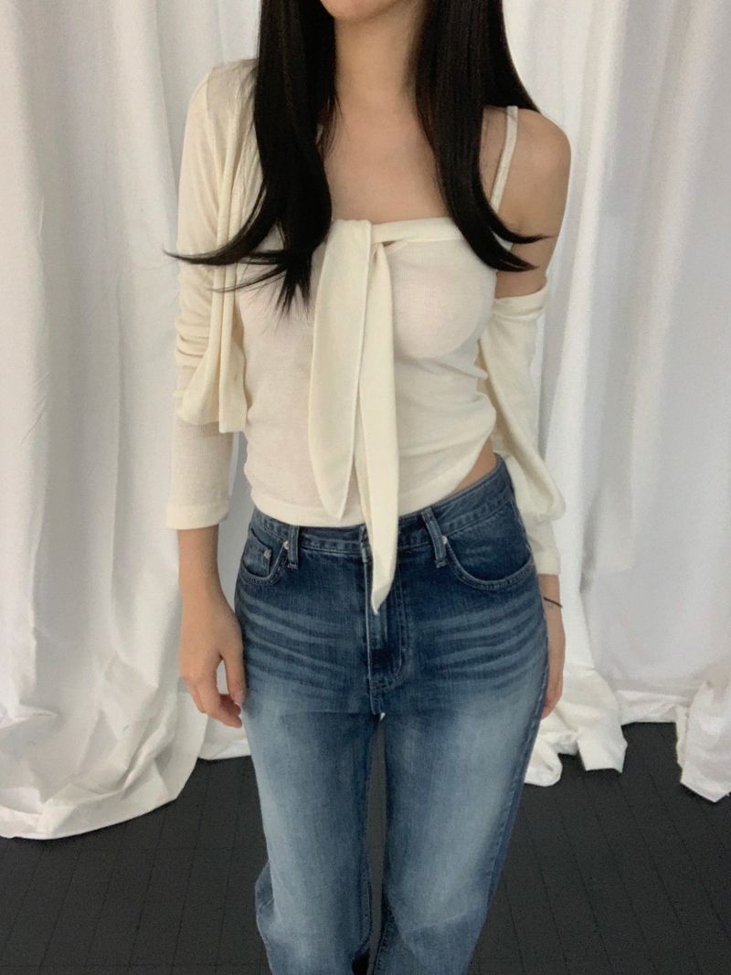 [set] Cervi ribbon sleeveless cardigan set
