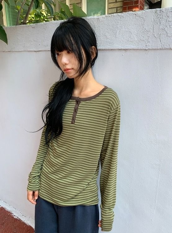 26FW★ [BAONHAUS] Diendi Stripe Henley Long Sleeve Tee