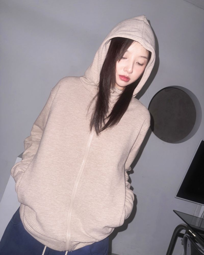 (3color) Button High-Neck Stripe Brushed Hood Zip-Up