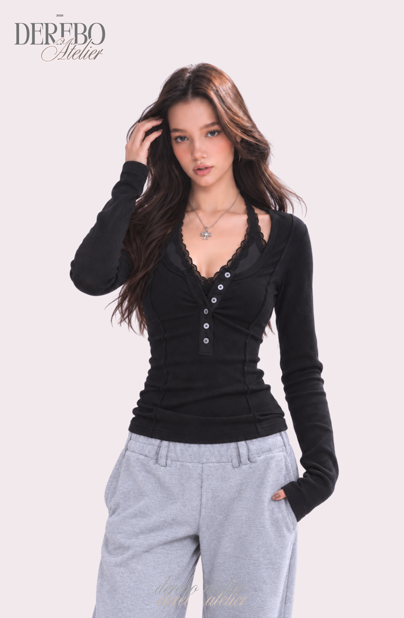 Black halter neck lace button long sleeve tee