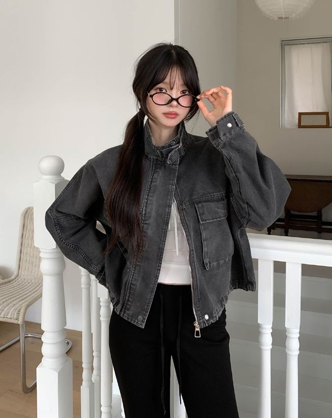 Maden Big Pocket Washed Cropped Denim Jacket