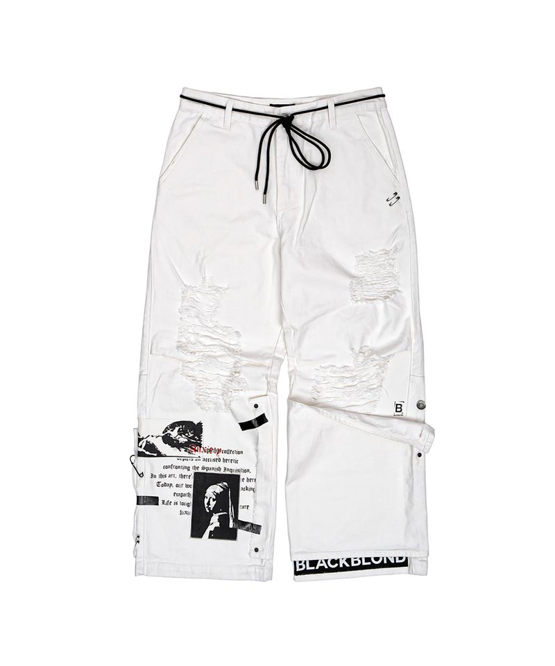 BLACKBLOND（ブラックブロンド）の「BBDアンクザイエティ アート パッチ ディストレスト コットン パンツ (White)（パンツ）」