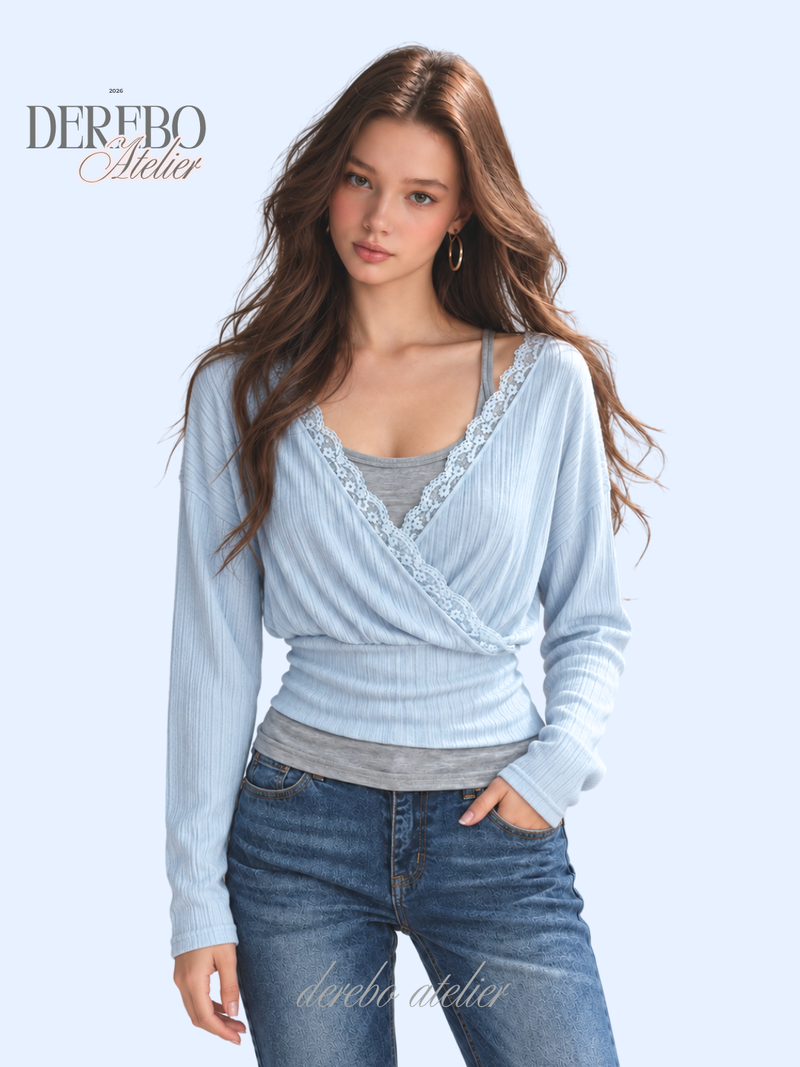 Gray Sky Wrap Layered Long Sleeve Top