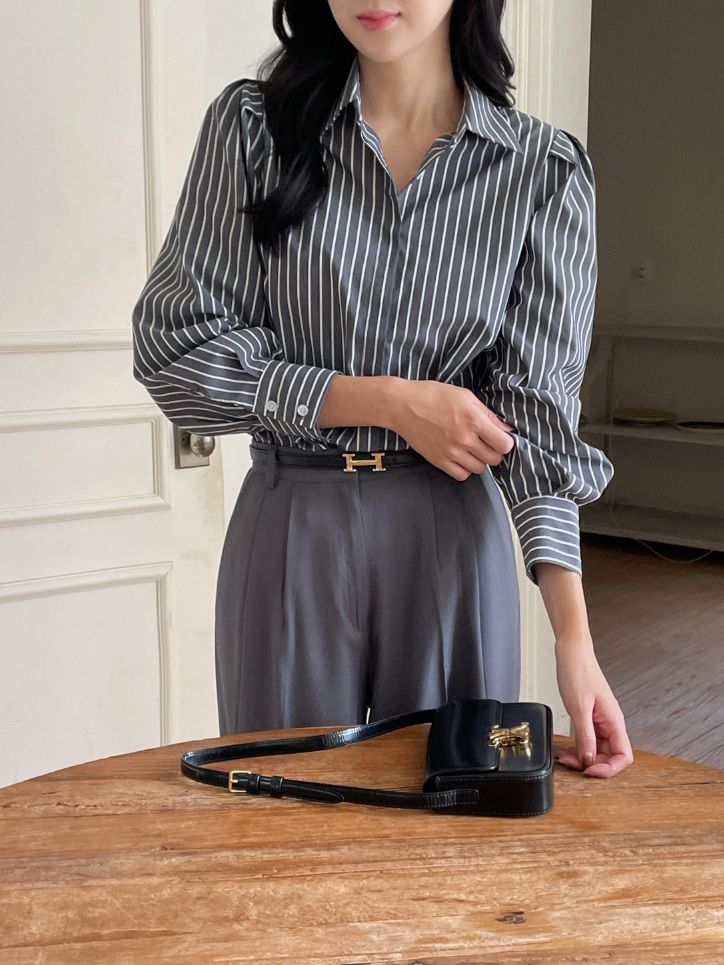 26FW★ Rodellson Puff Hidden Button Stripe Shirt