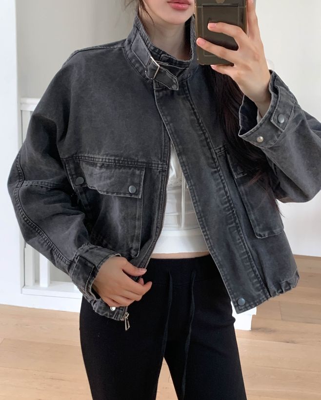 Maden Big Pocket Washed Cropped Denim Jacket