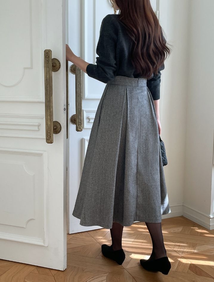 Nortel Pintuck Herringbone Flare Long Skirt