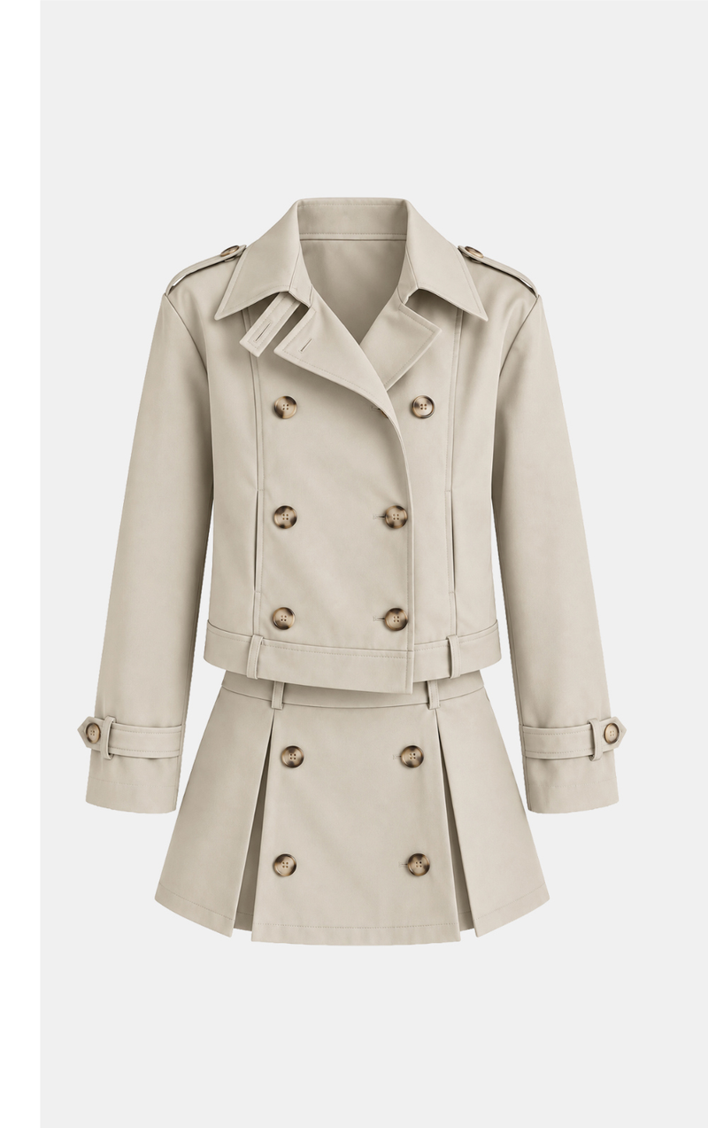 Double-Breasted Trench Jacket & Skirt Set