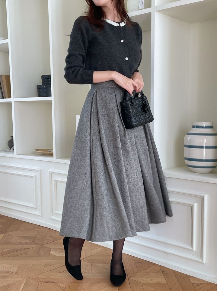Nortel Pintuck Herringbone Flare Long Skirt