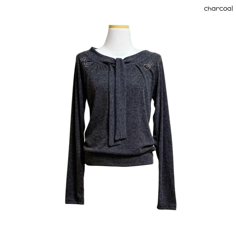 (3color) Studded Tie-Neck Soft Knit Tee