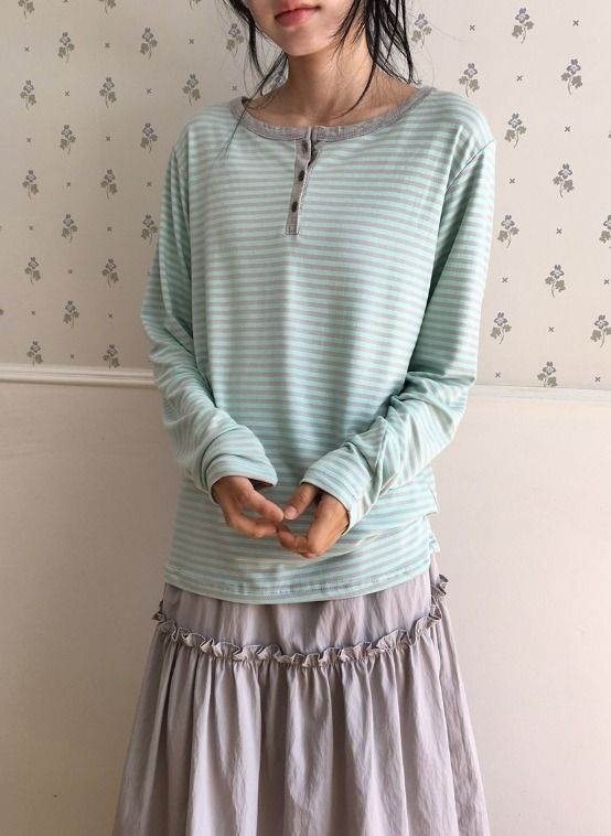 26FW★ [BAONHAUS] Diendi Stripe Henley Long Sleeve Tee
