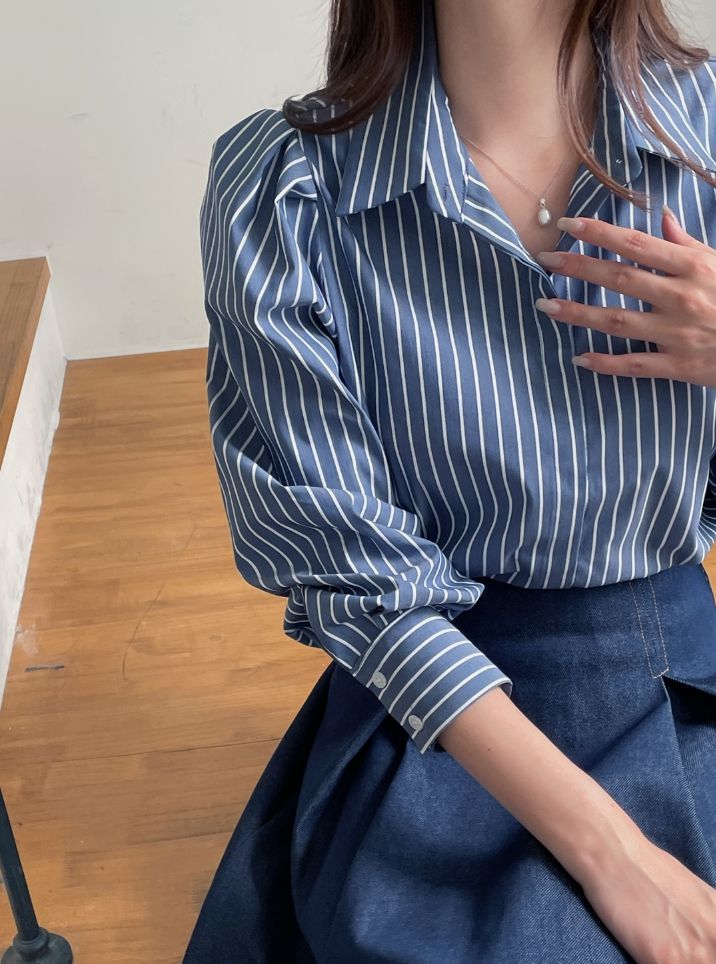 26FW★ Rodellson Puff Hidden Button Stripe Shirt