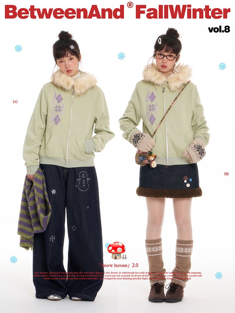 BETWEENAND（ビトゥウィーンアンド）の「BETWEENAND Women’s short hoodie jacket in winter style, featuring a retro snowflake diamond pattern, green color and a furred collar（Tops）」