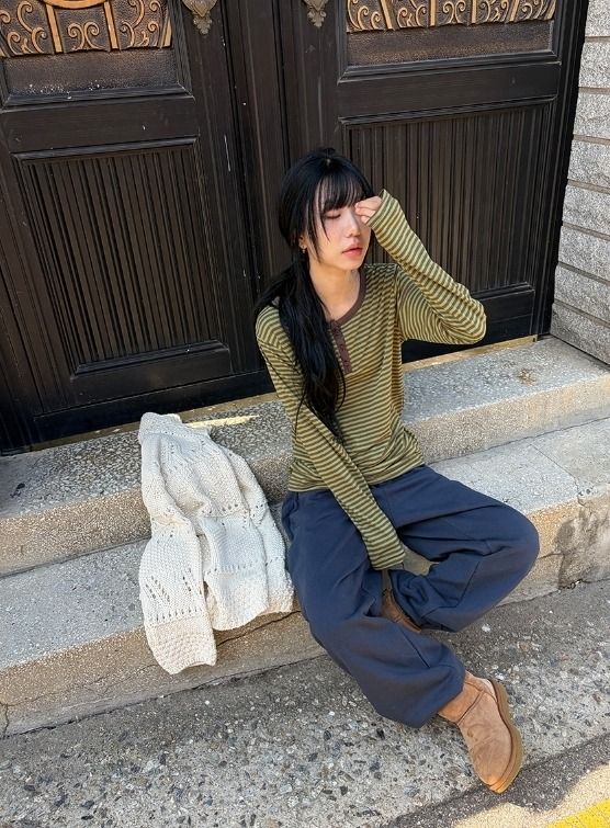 26FW★ [BAONHAUS] Diendi Stripe Henley Long Sleeve Tee