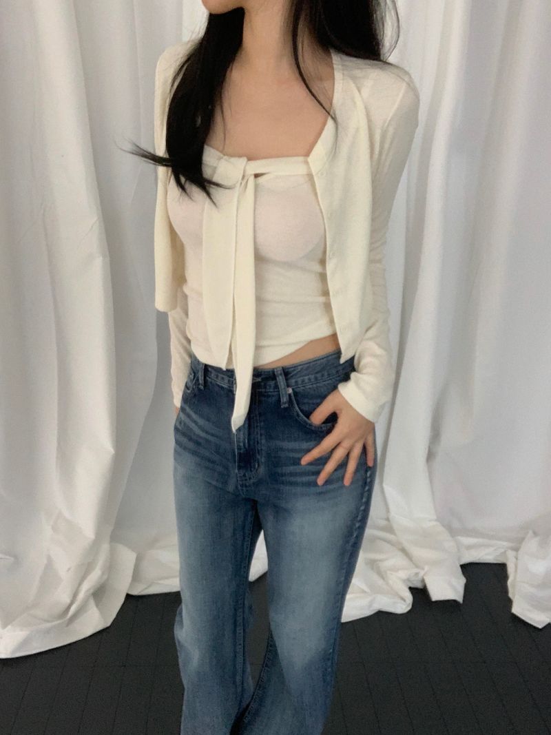 [set] Cervi ribbon sleeveless cardigan set