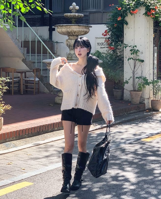 Bebe Sailor Collar Boucle Knit Cardigan
