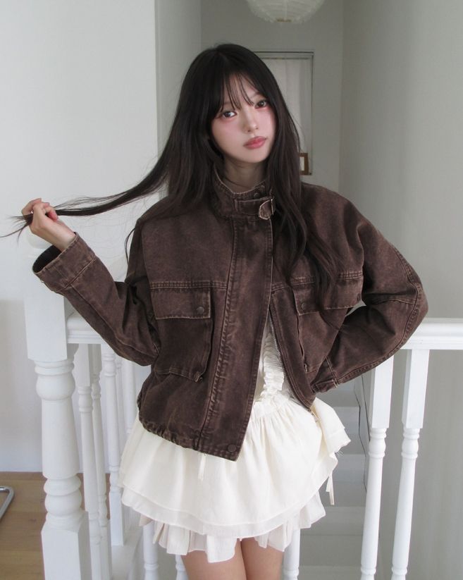 Maden Big Pocket Washed Cropped Denim Jacket