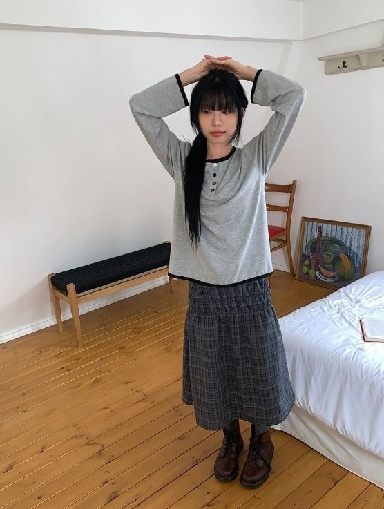 Ulan Shirring Check Banding Midi Skirt