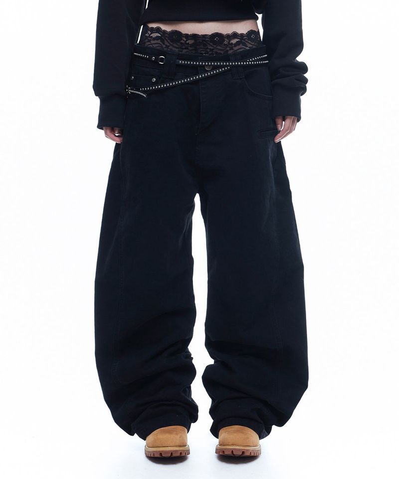 Washed Curved Cotton Pants - Black