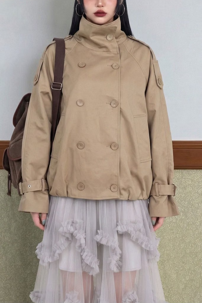 CONVERTIBLE-COLLAR BALLOON TRENCH JACKET