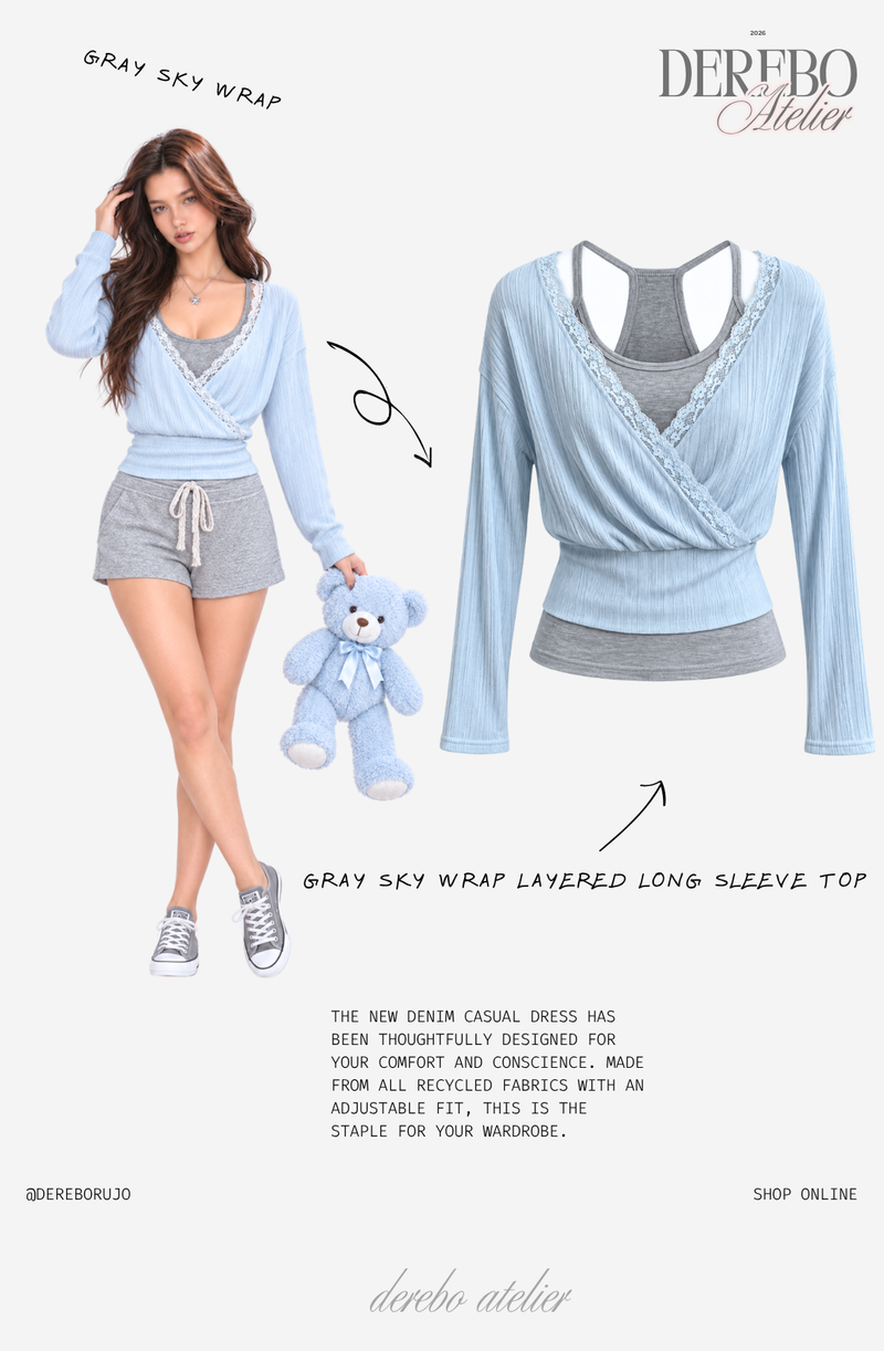 Gray Sky Wrap Layered Long Sleeve Top