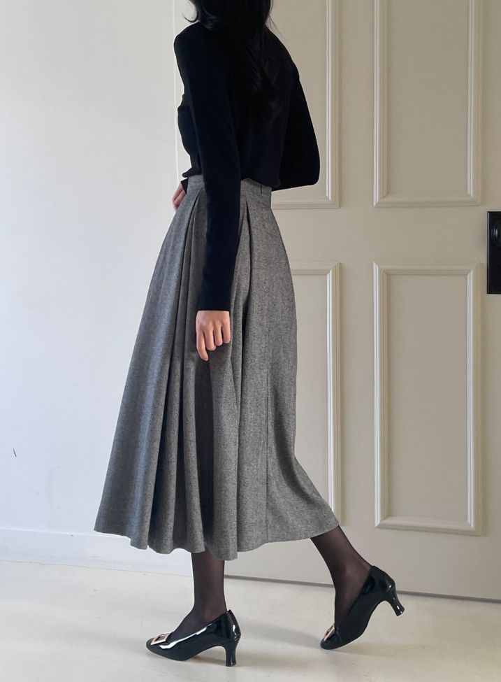 Nortel Pintuck Herringbone Flare Long Skirt